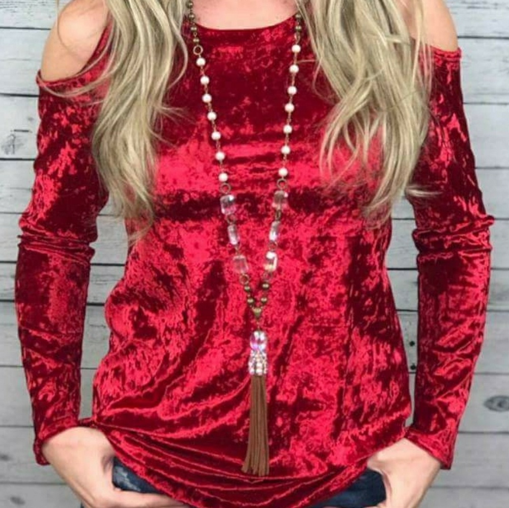 Red Velvet Cold Shoulder Long sleeve Top!